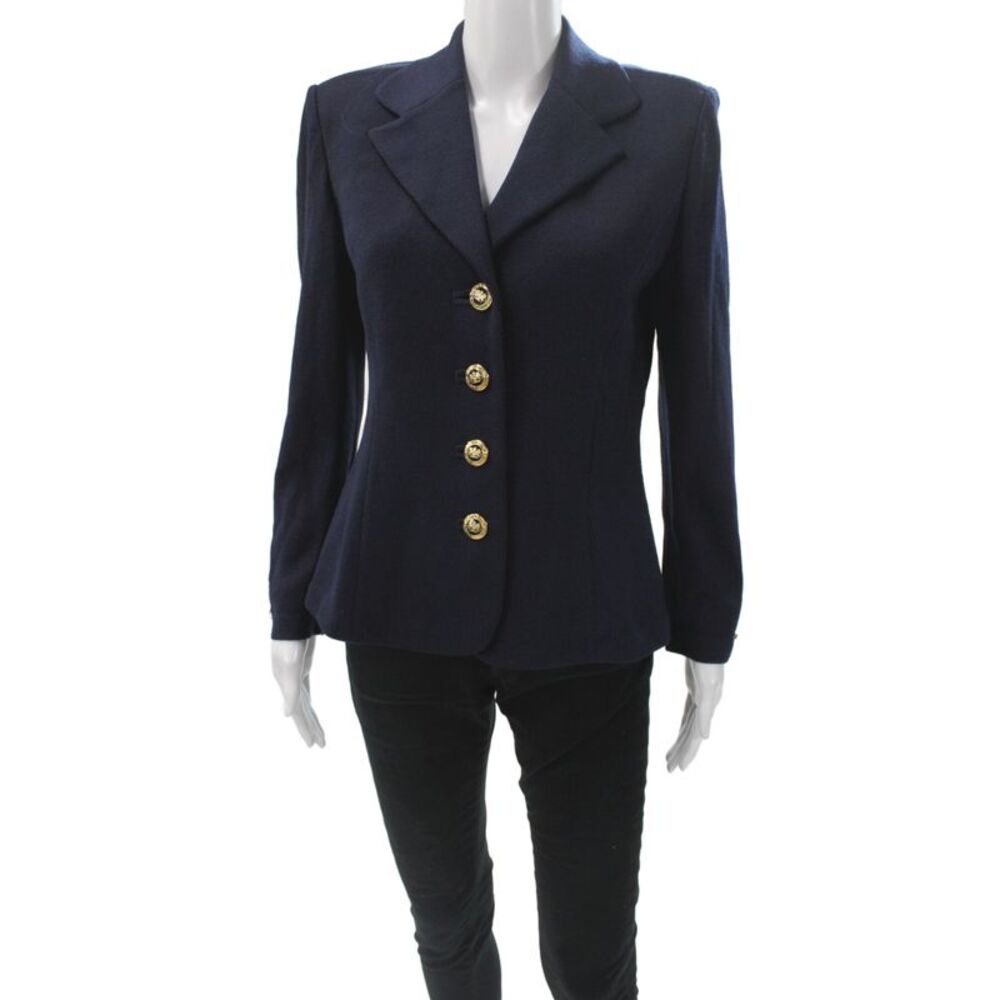 St. John Basics Women Military Jacket Blue Wool Blend Button Solid Size 6